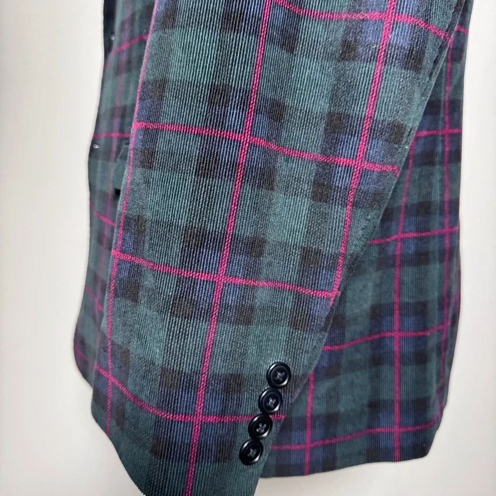 Madison Blazer Mens‎ 50 Green Burgundy Plaid Corduroy Modern Fit 2-Button Jacket
